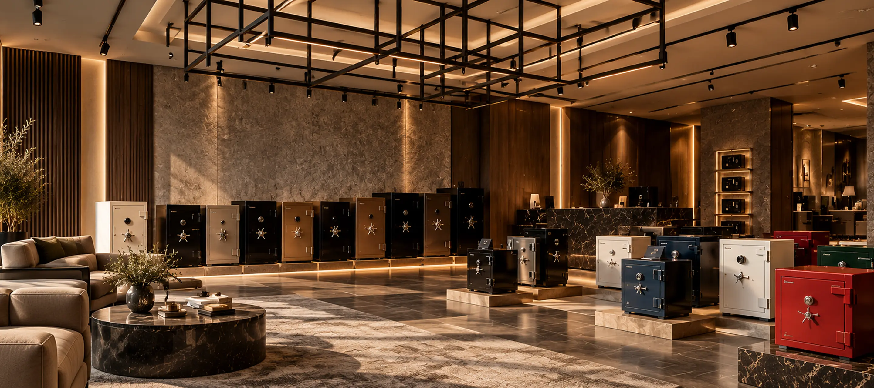 Safes lined up in the Kalender Safe showroom